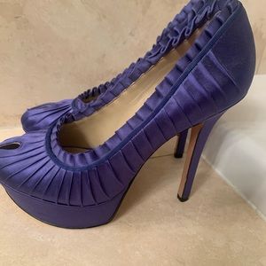 Joan & David Blue Satin Platform Peep Toe Pumps